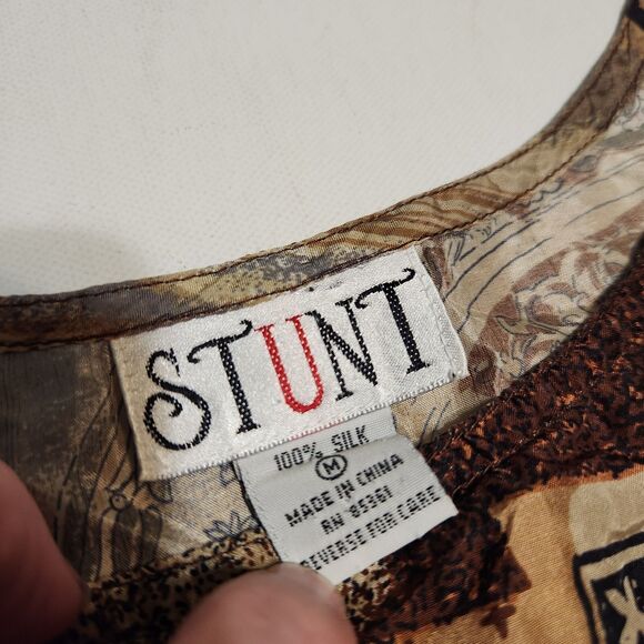 Vintage 80s 90s Stunt 100%  Silk Tank Top Blouse sz M/L brown earth tone ethnic - Picture 4 of 13